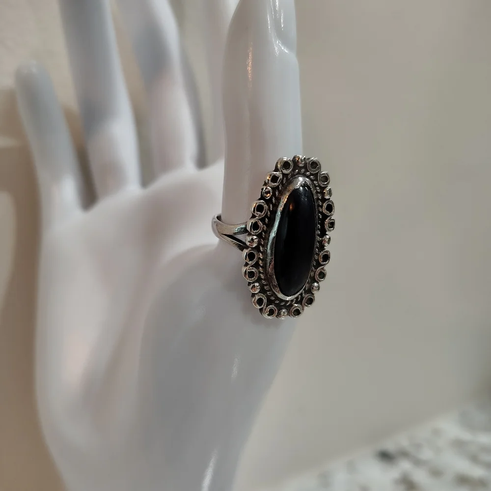 Sterling Silver‎ 925 Mexico Black Onyx Statement Ring Boho Gothic 7.5 Vintage
